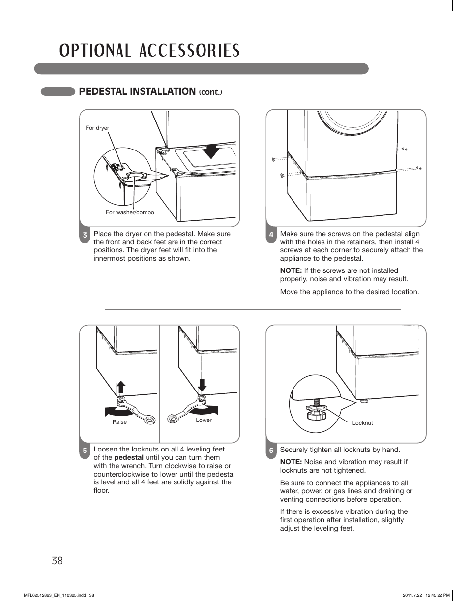 Pedestal installation | LG DLE2240W User Manual | Page 38 / 84