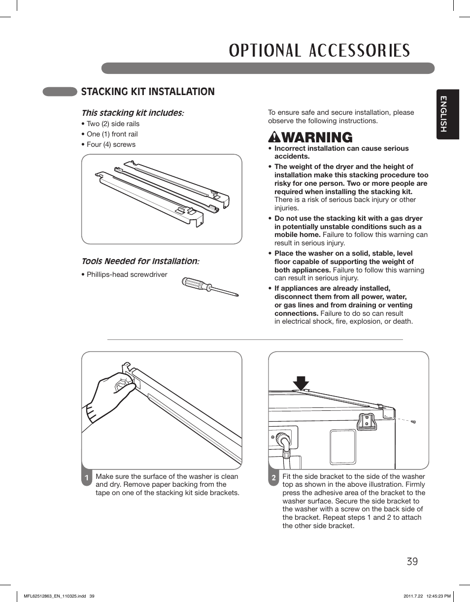 Wwarning, Stacking kit installation | LG DLE2240W User Manual | Page 39 / 84