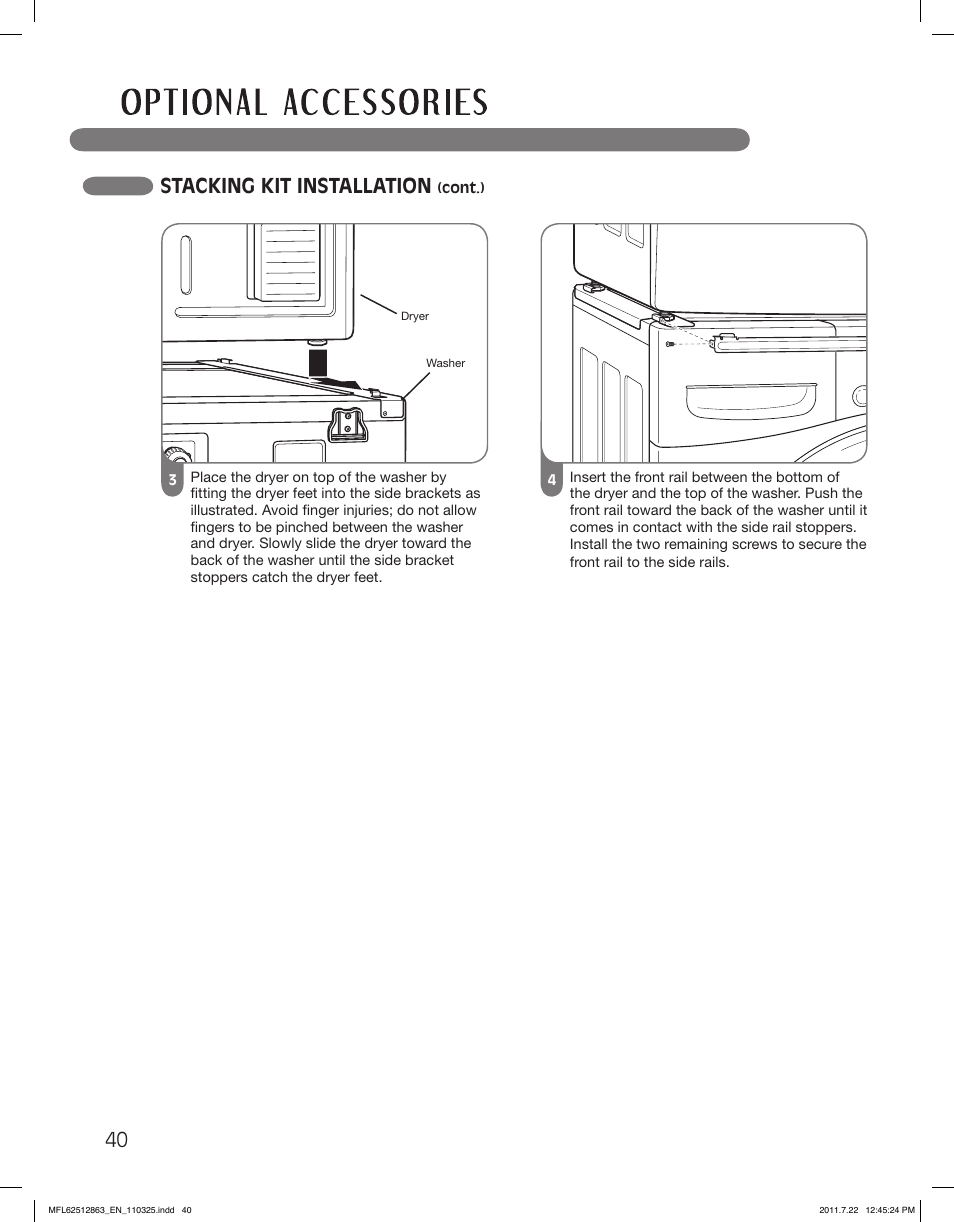 40 stacking kit installation | LG DLE2240W User Manual | Page 40 / 84