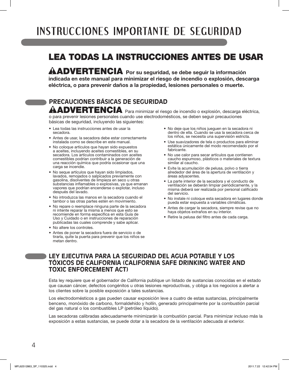 Wadvertencia, Precauciones básicas de seguridad | LG DLE2240W User Manual | Page 46 / 84