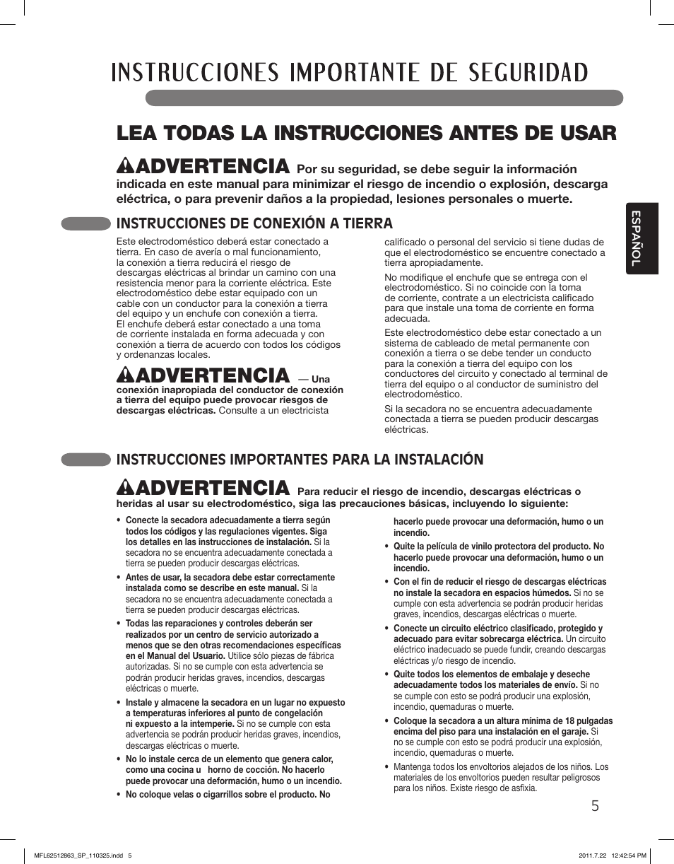 Wadvertencia, Precauciones básicas de seguridad, Instrucciones de conexión a tierra | Instrucciones importantes para la instalación | LG DLE2240W User Manual | Page 47 / 84