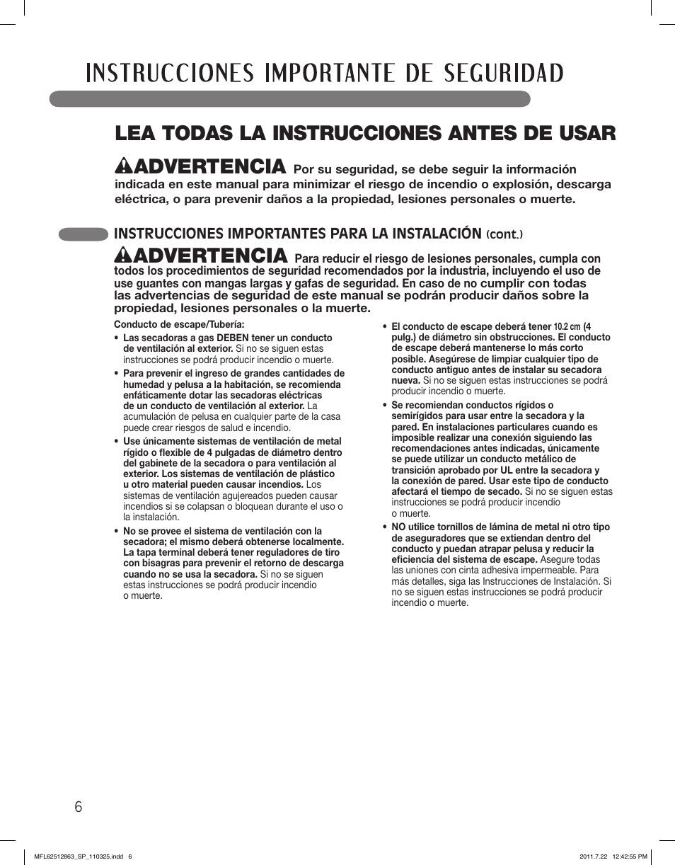 Wadvertencia, Instrucciones importantes para la instalación | LG DLE2240W User Manual | Page 48 / 84