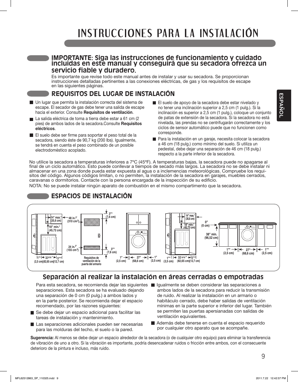 Espacios de instalación, Requisitos del lugar de instalación 9, Esp anol | LG DLE2240W User Manual | Page 51 / 84