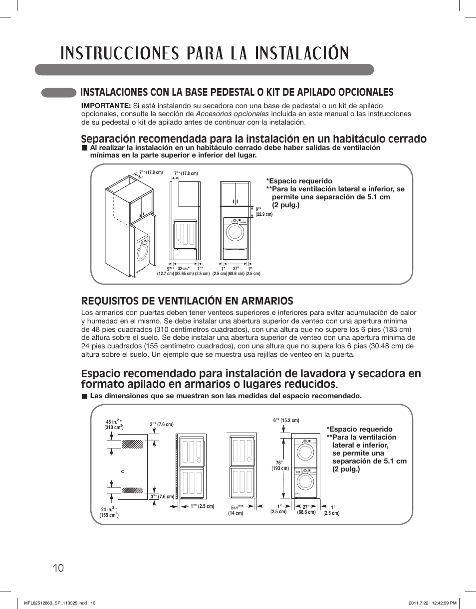 Requisitos de ventilación en armarios | LG DLE2240W User Manual | Page 52 / 84