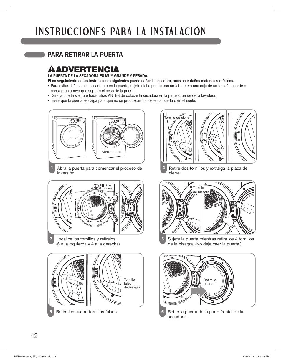 Wadvertencia, Para retirar la puerta | LG DLE2240W User Manual | Page 54 / 84