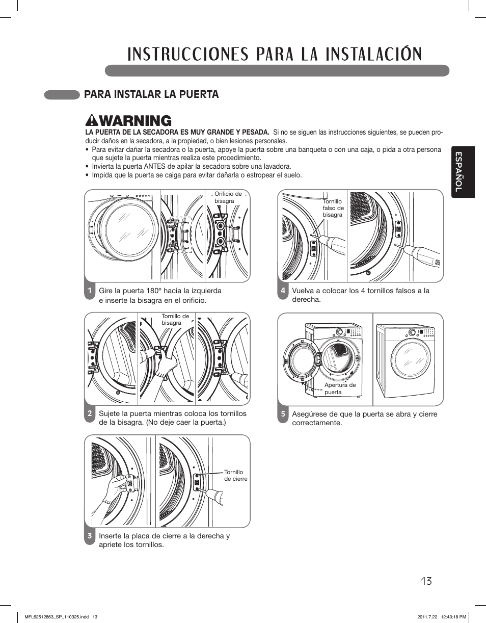 Wwarning, Para instalar la puerta | LG DLE2240W User Manual | Page 55 / 84