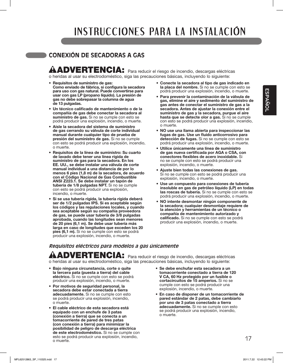 Wadvertencia, 17 conexión de secadoras a gas | LG DLE2240W User Manual | Page 59 / 84