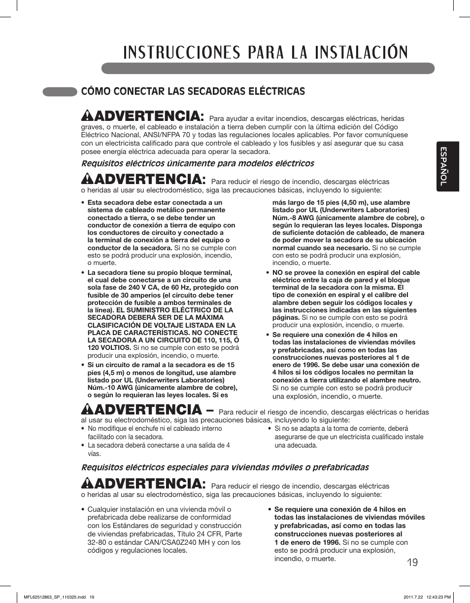 Wadvertencia, Cómo conectar las secadoras eléctricas | LG DLE2240W User Manual | Page 61 / 84