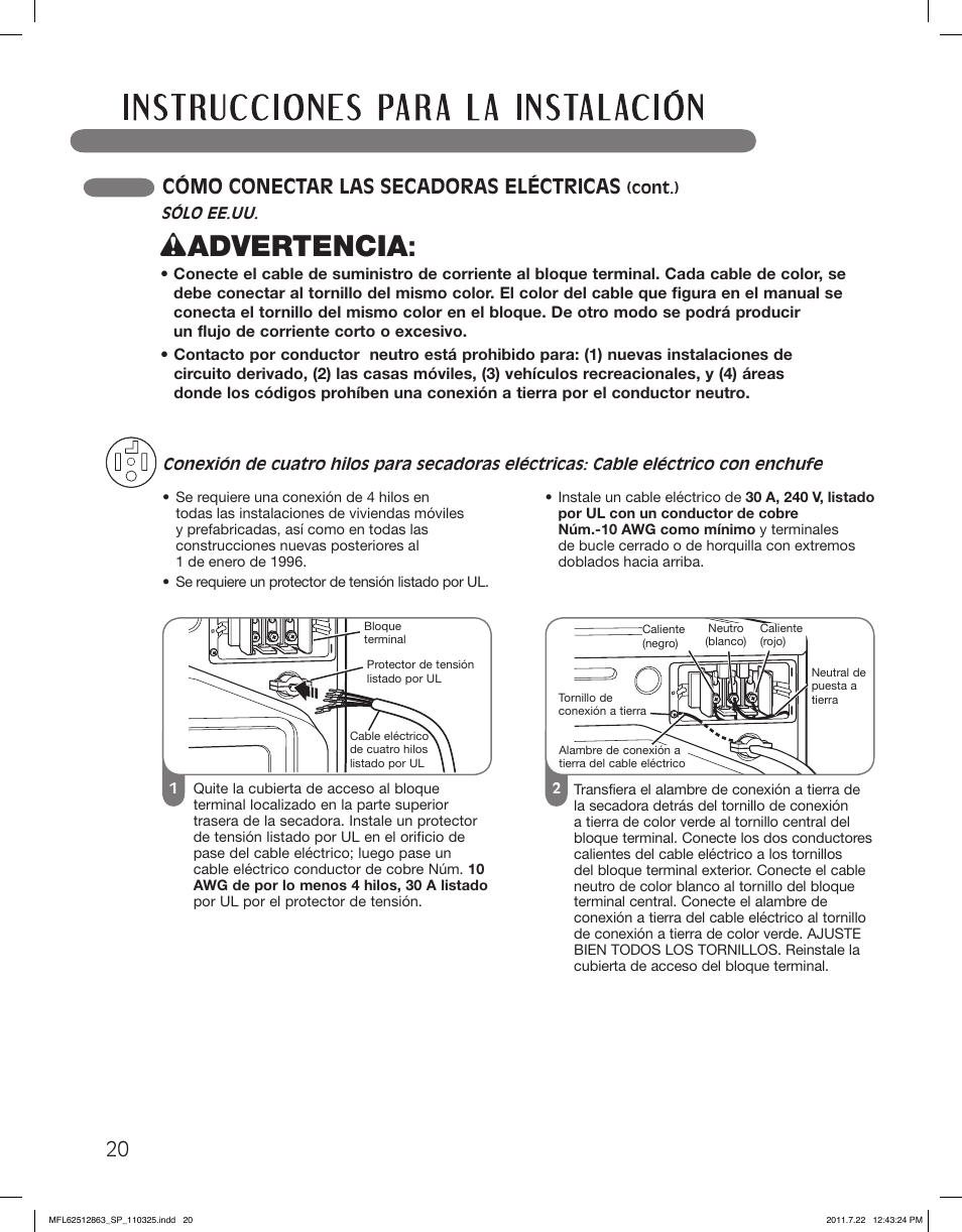Wadvertencia, Cómo conectar las secadoras eléctricas | LG DLE2240W User Manual | Page 62 / 84