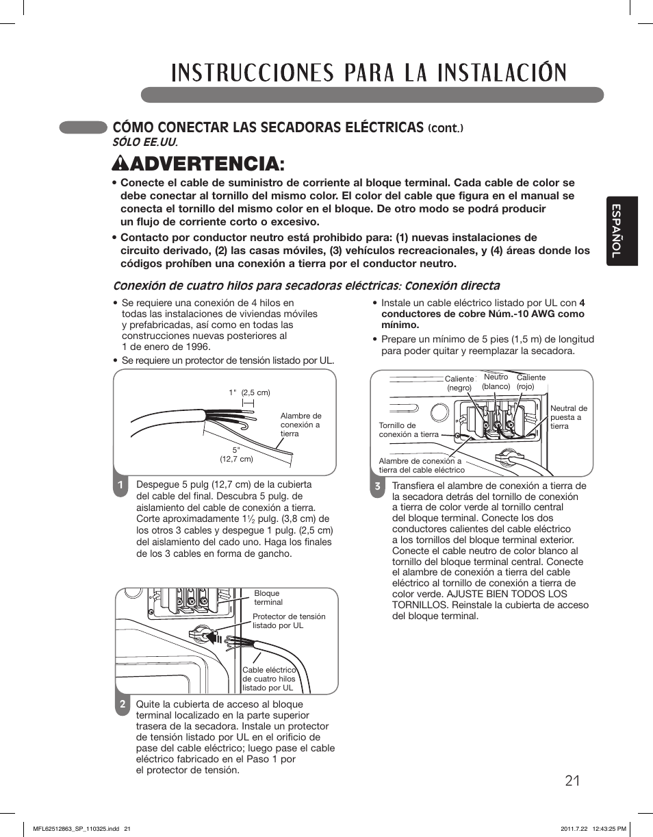 Wadvertencia, Cómo conectar las secadoras eléctricas, Esp anol | LG DLE2240W User Manual | Page 63 / 84