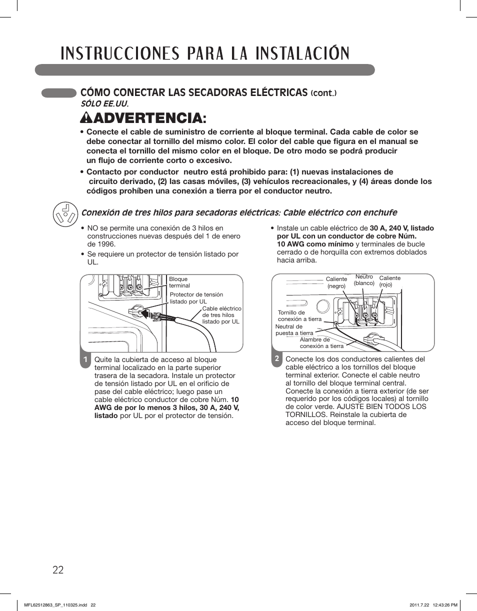 Wadvertencia, Cómo conectar las secadoras eléctricas | LG DLE2240W User Manual | Page 64 / 84