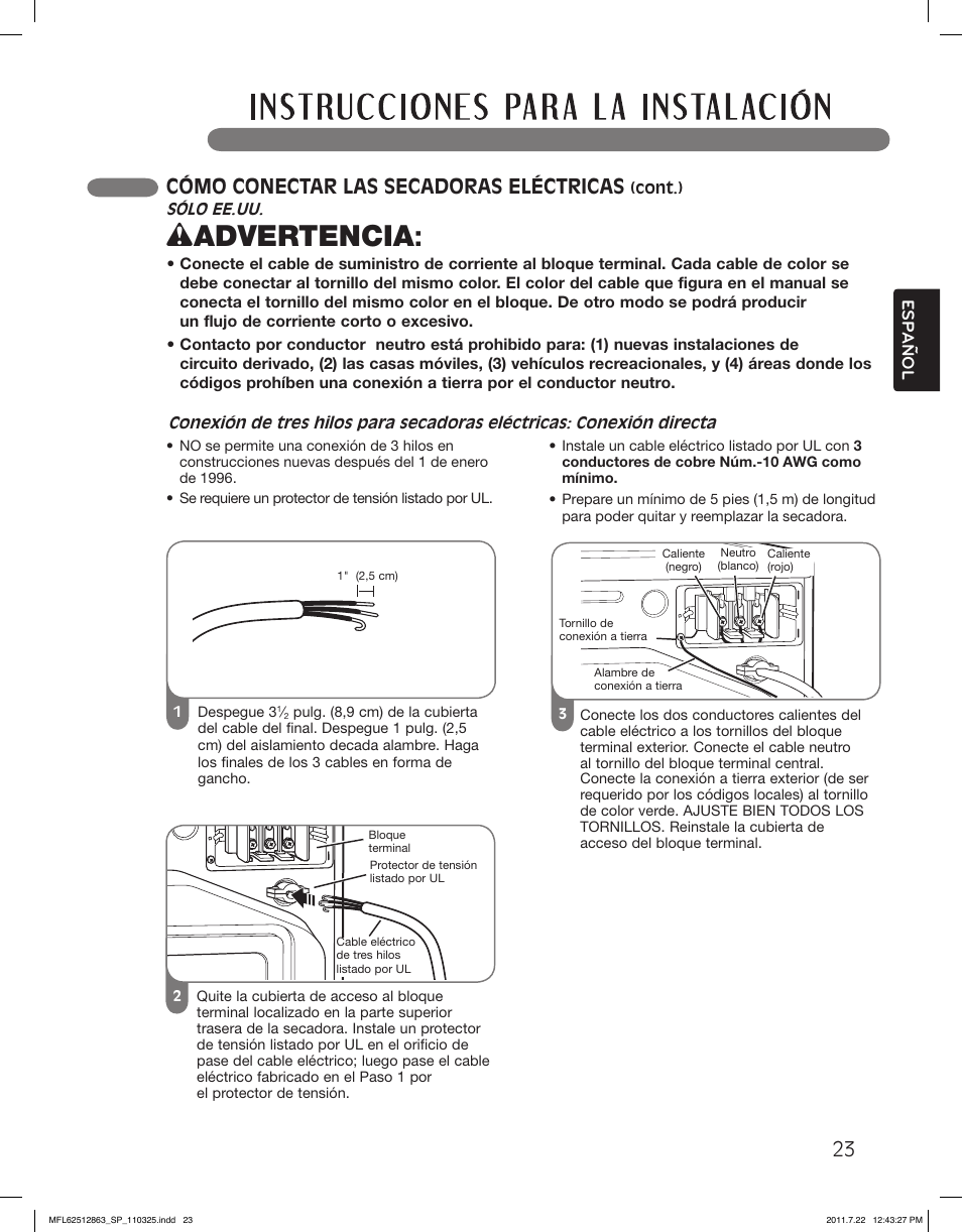 Wadvertencia, Cómo conectar las secadoras eléctricas | LG DLE2240W User Manual | Page 65 / 84