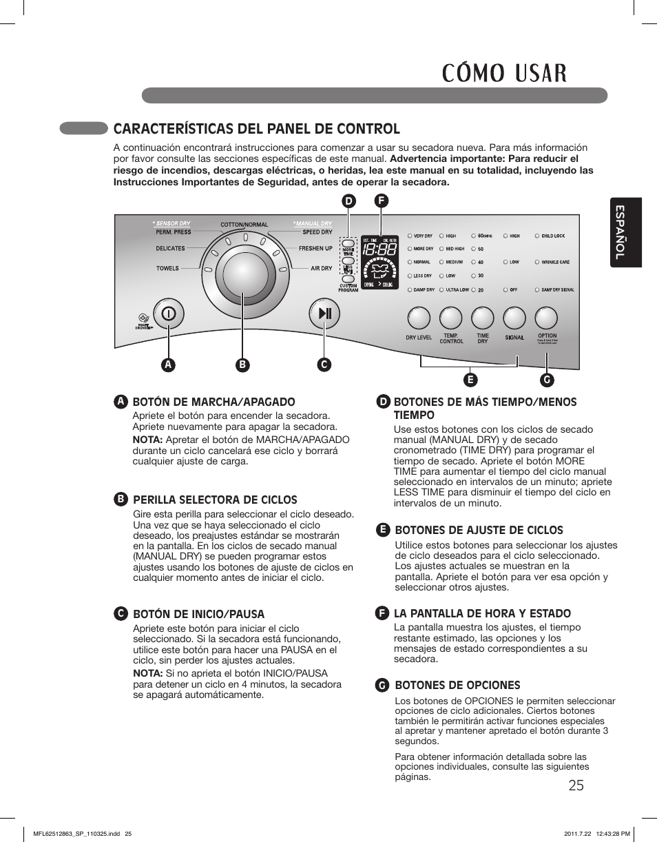 Características del panel de control | LG DLE2240W User Manual | Page 67 / 84