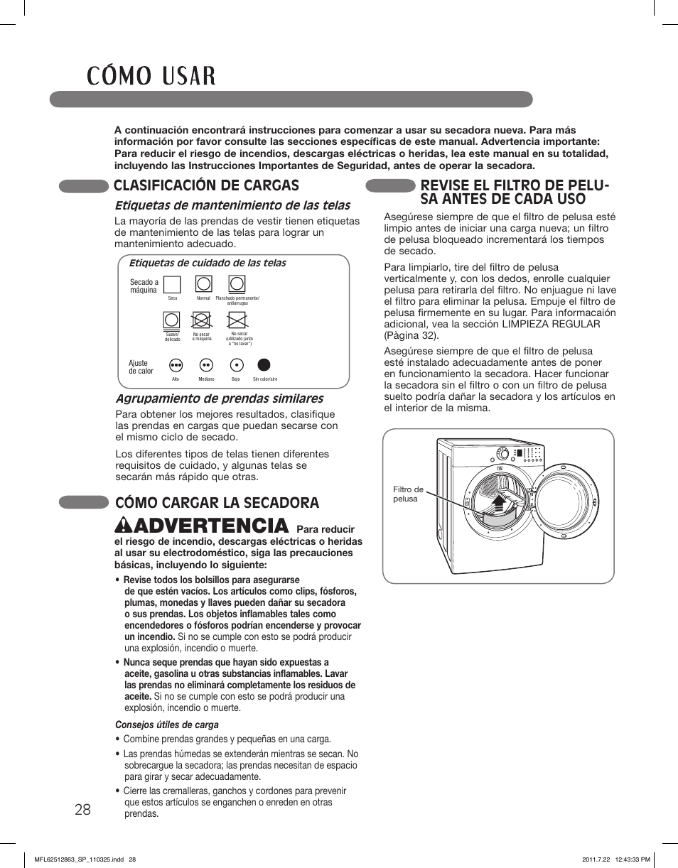 Wadvertencia, Clasificación de cargas, Cómo cargar la secadora | Revise el filtro de pelu- sa antes de cada uso | LG DLE2240W User Manual | Page 70 / 84