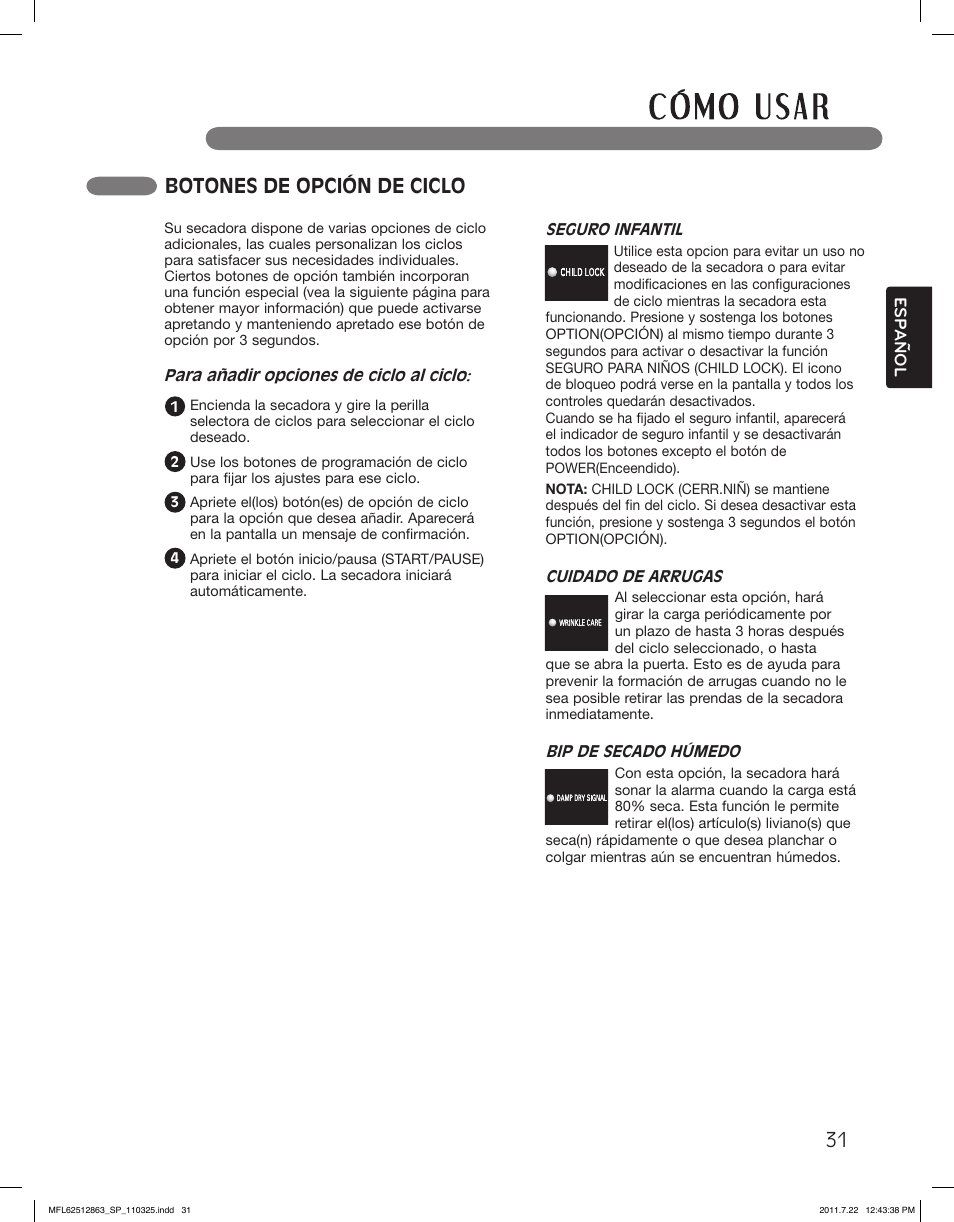 Botones de opción de ciclo | LG DLE2240W User Manual | Page 73 / 84