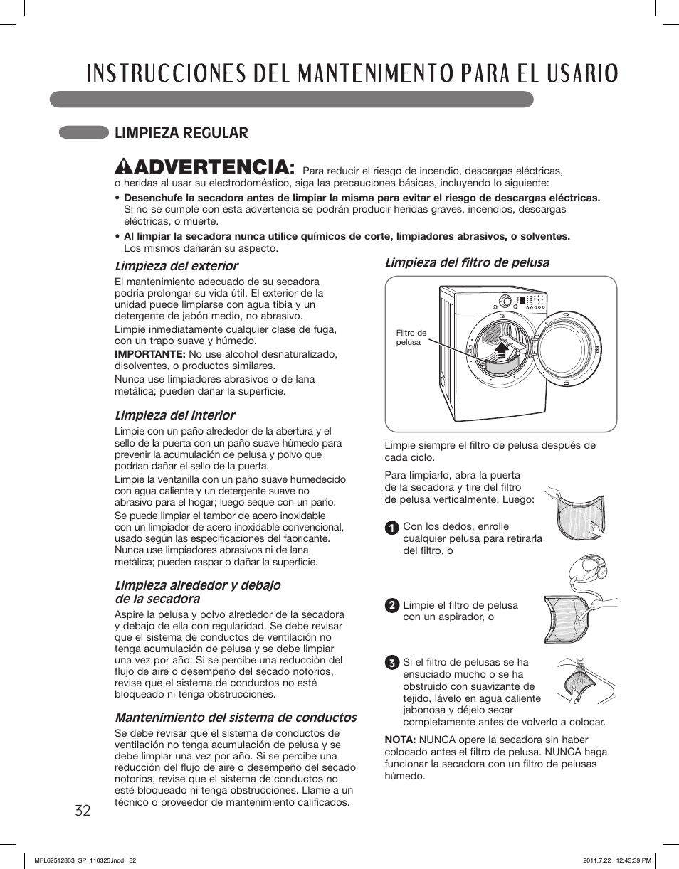 Wadvertencia, Limpieza regular | LG DLE2240W User Manual | Page 74 / 84