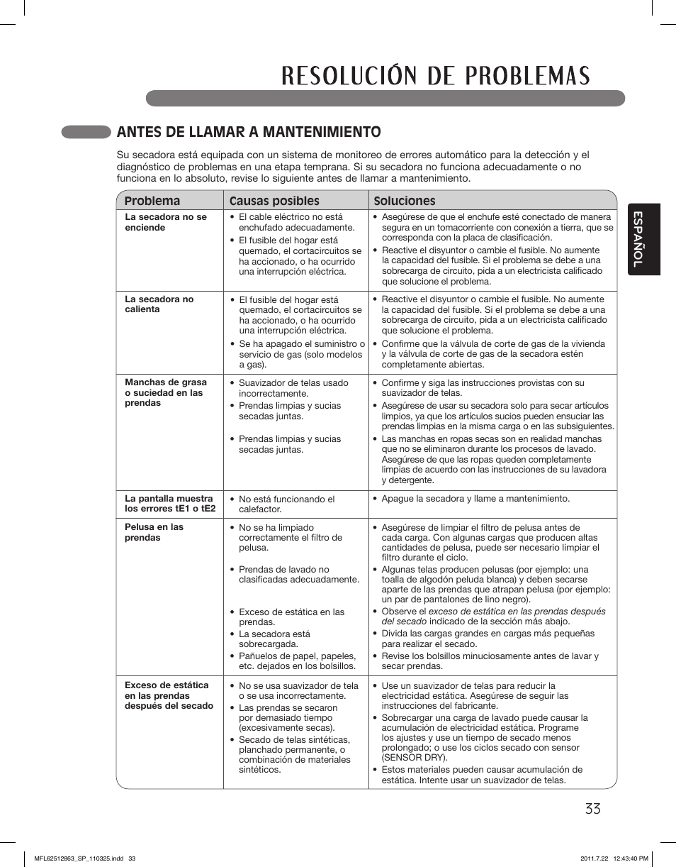 Antes de llamar a mantenimiento, Esp anol | LG DLE2240W User Manual | Page 75 / 84