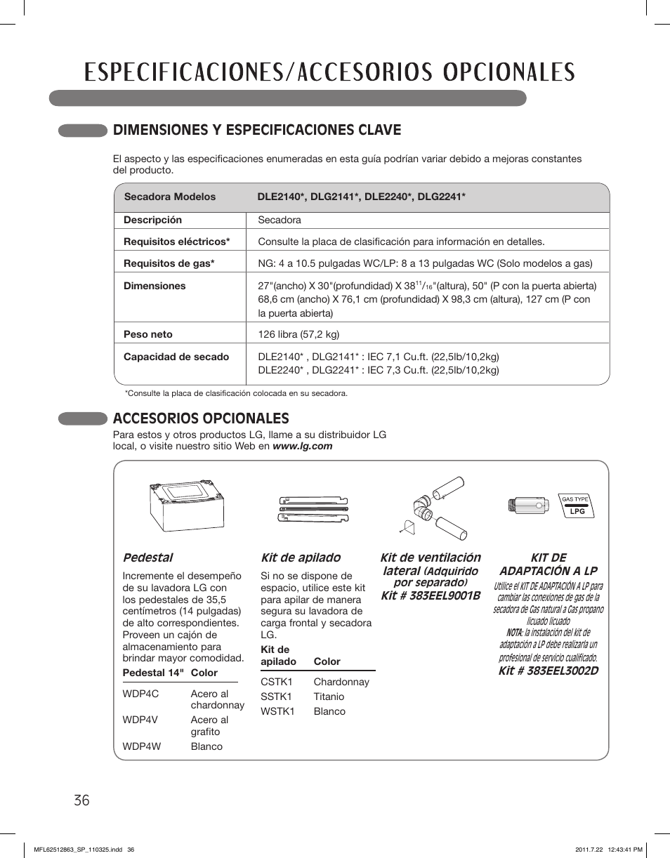 Dimensiones y especificaciones clave, Accesorios opcionales | LG DLE2240W User Manual | Page 78 / 84