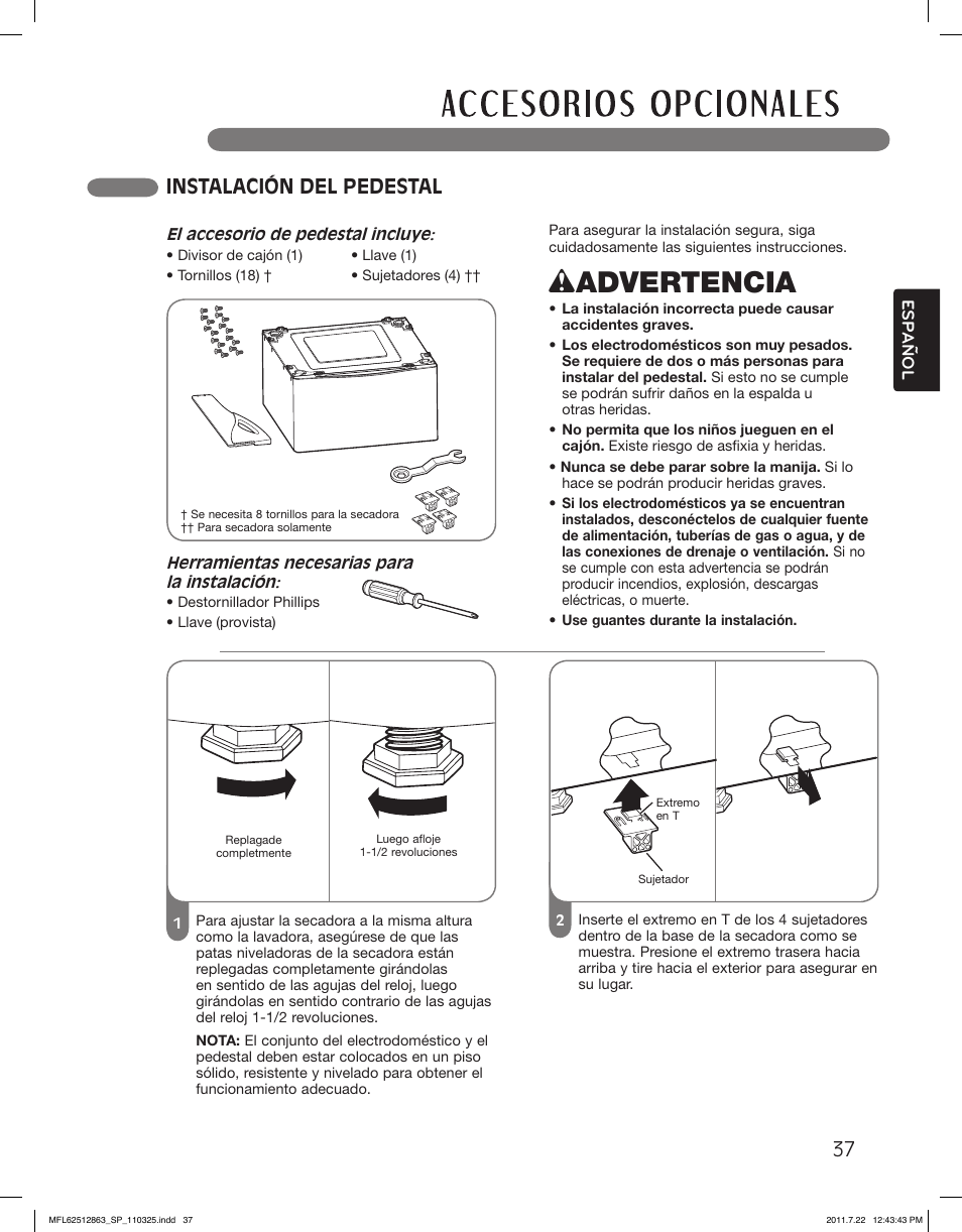 Wadvertencia, Instalación del pedestal | LG DLE2240W User Manual | Page 79 / 84