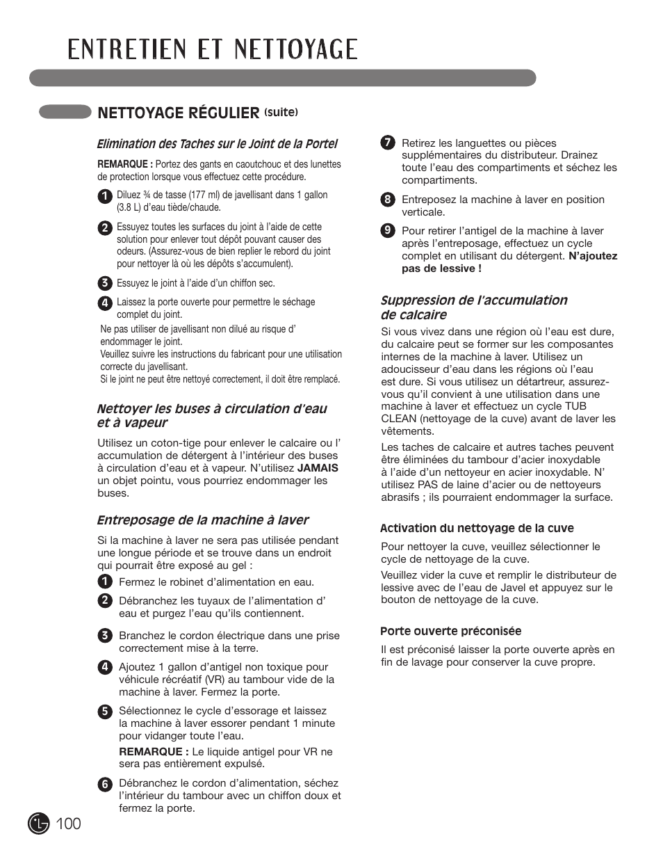 Nettoyage régulier | LG WM2801HWA User Manual | Page 100 / 116