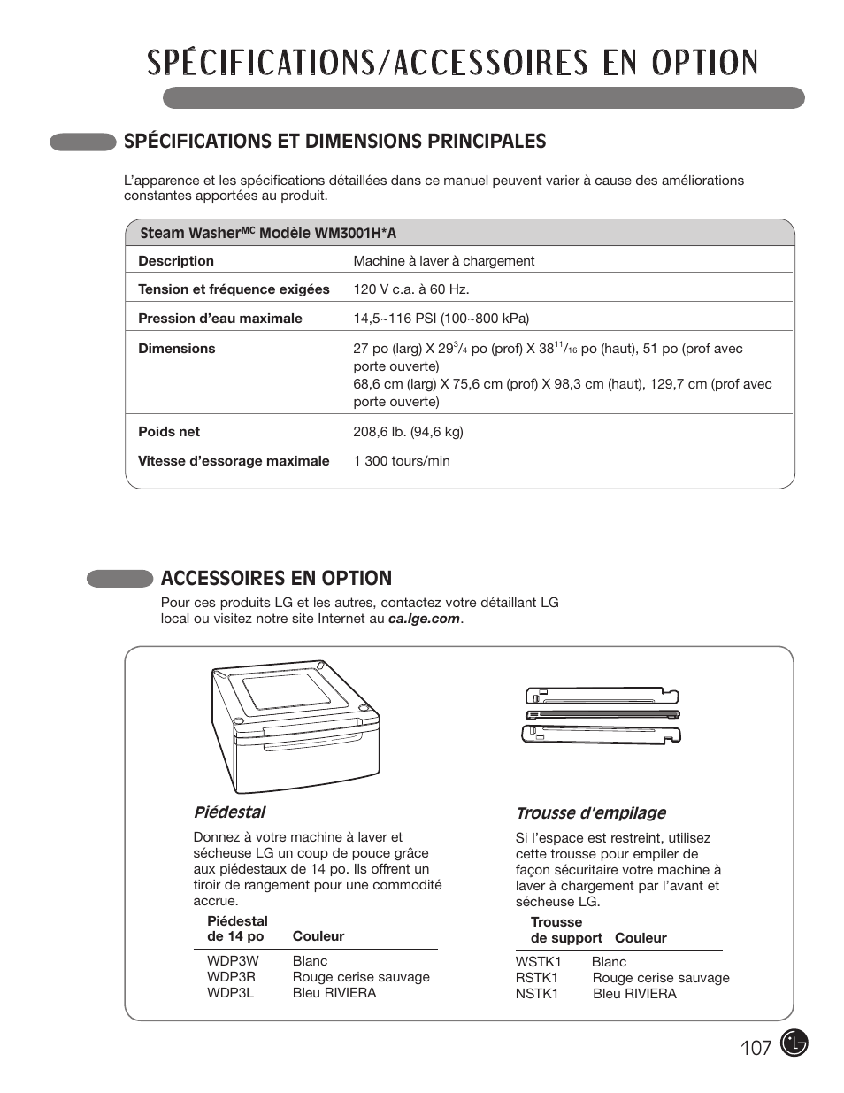 Spécifications et dimensions principales, Accessoires en option | LG WM2801HWA User Manual | Page 107 / 116