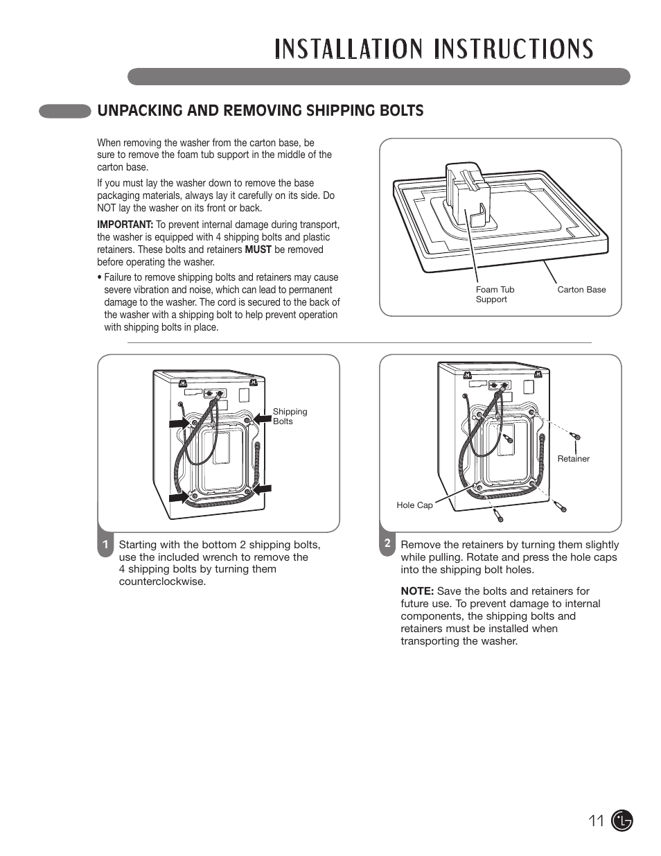Unpacking and removing shipping bolts 11 | LG WM2801HWA User Manual | Page 11 / 116