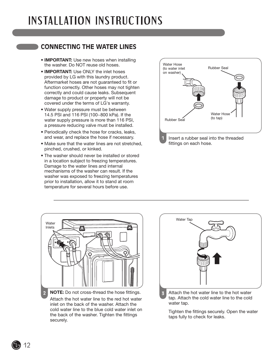 Connecting the water lines | LG WM2801HWA User Manual | Page 12 / 116