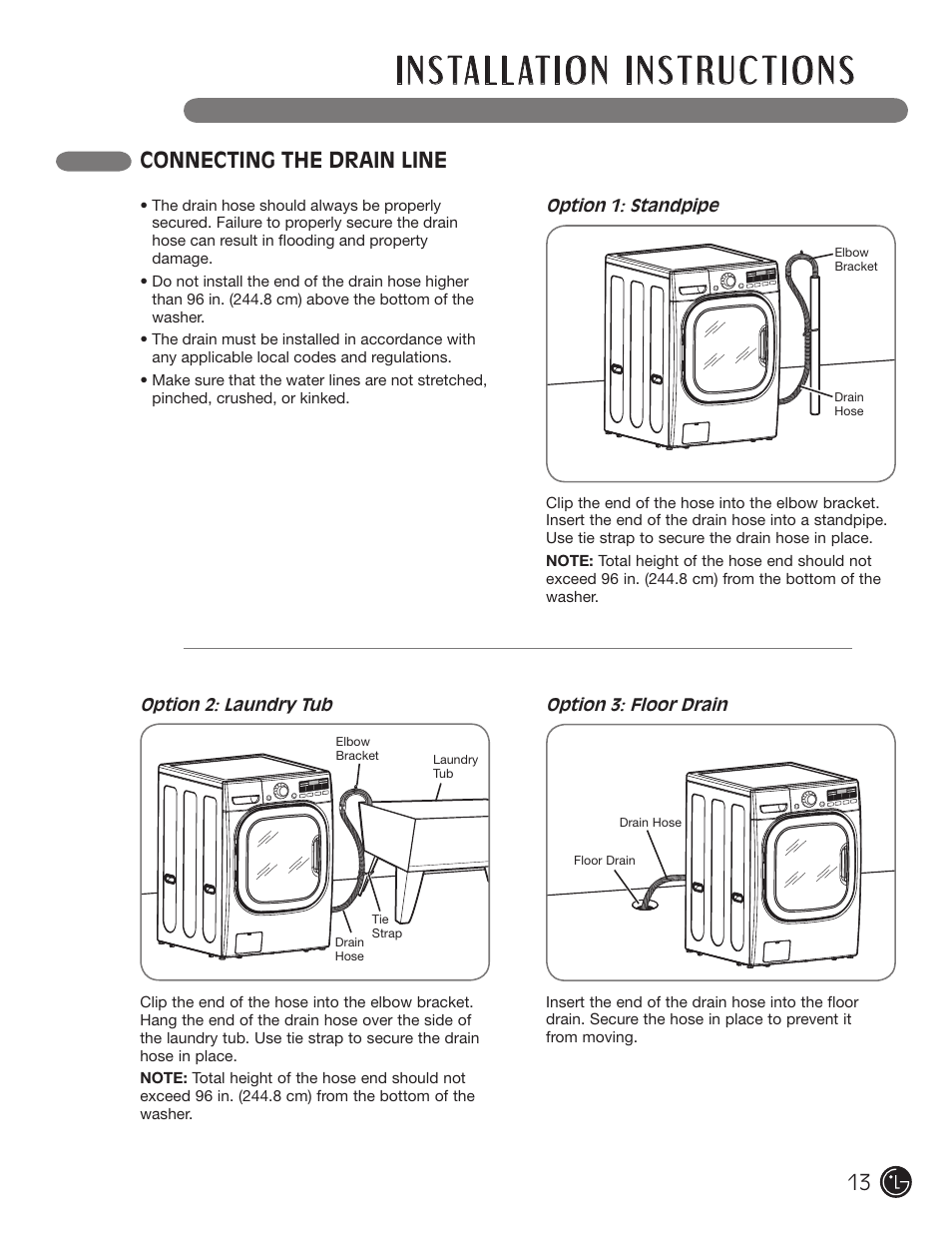 Connecting the drain line | LG WM2801HWA User Manual | Page 13 / 116