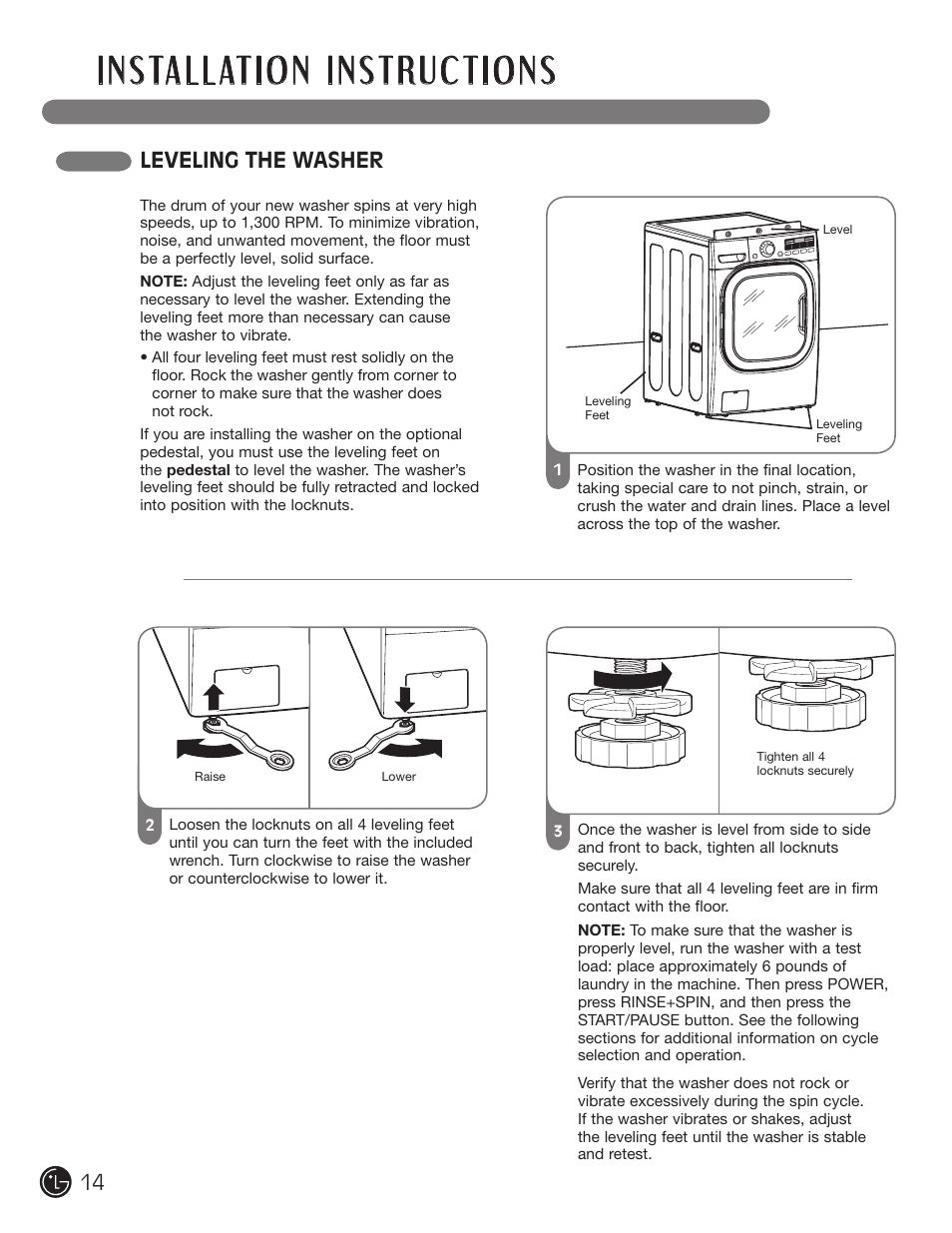 Leveling the washer | LG WM2801HWA User Manual | Page 14 / 116