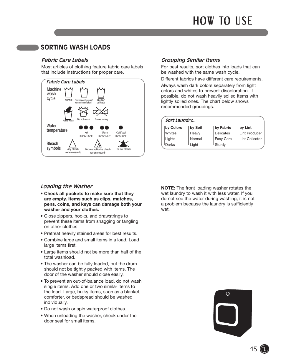 H o w to u s e, Sorting wash loads | LG WM2801HWA User Manual | Page 15 / 116