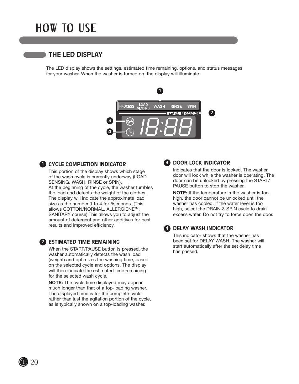 H o w to u s e, The led display 20 | LG WM2801HWA User Manual | Page 20 / 116