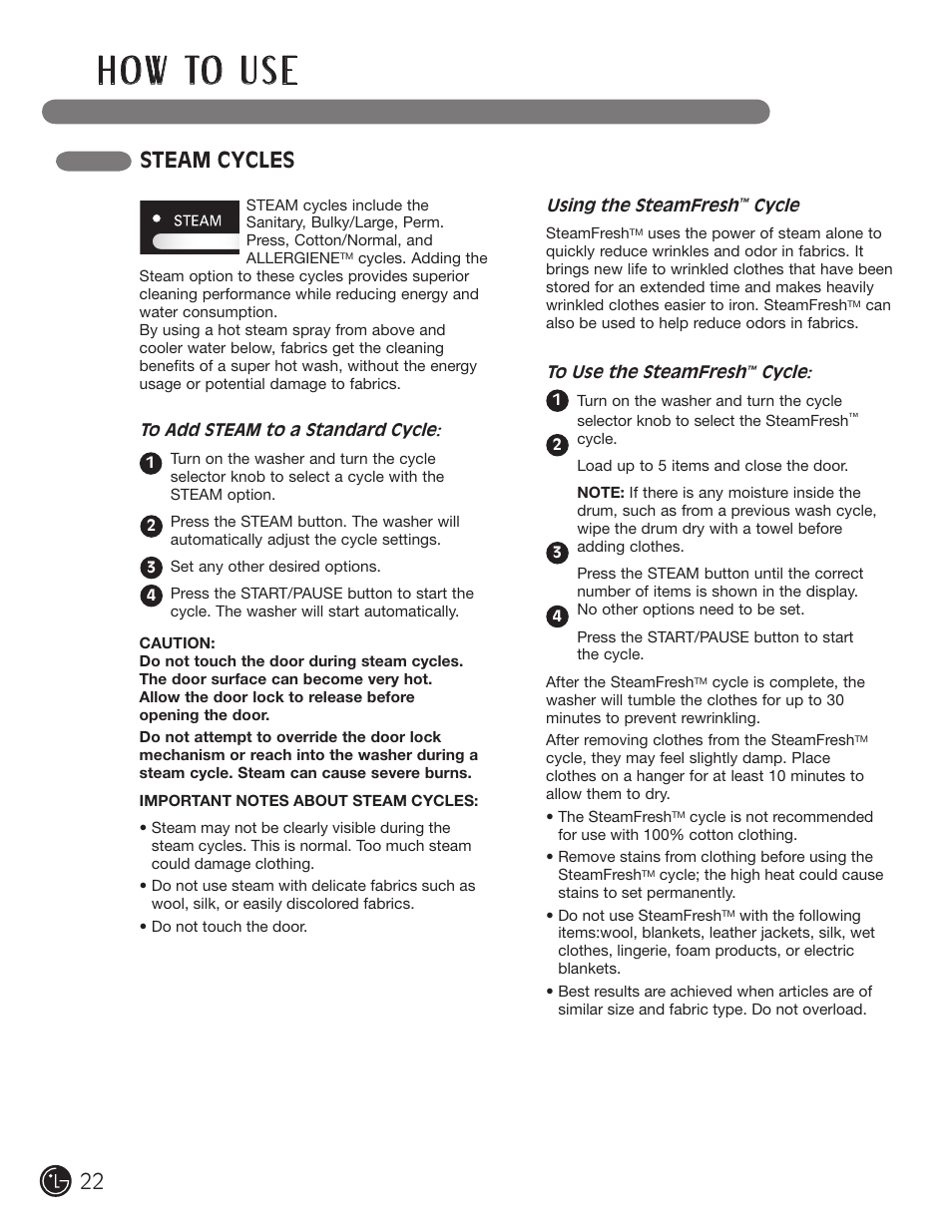 H o w to u s e, Steam cycles | LG WM2801HWA User Manual | Page 22 / 116