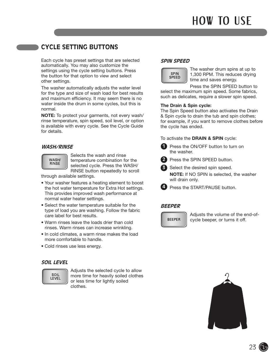 H o w to u s e, Cycle setting buttons | LG WM2801HWA User Manual | Page 23 / 116