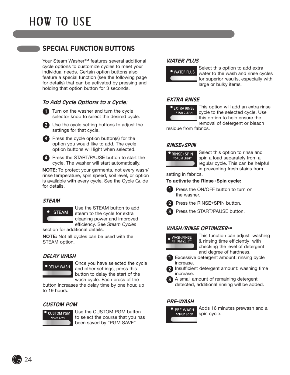 H o w to u s e, Special function buttons | LG WM2801HWA User Manual | Page 24 / 116