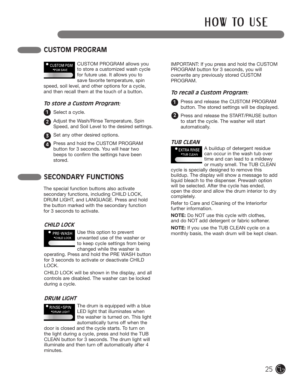 H o w to u s e, Secondary functions, Custom program | LG WM2801HWA User Manual | Page 25 / 116