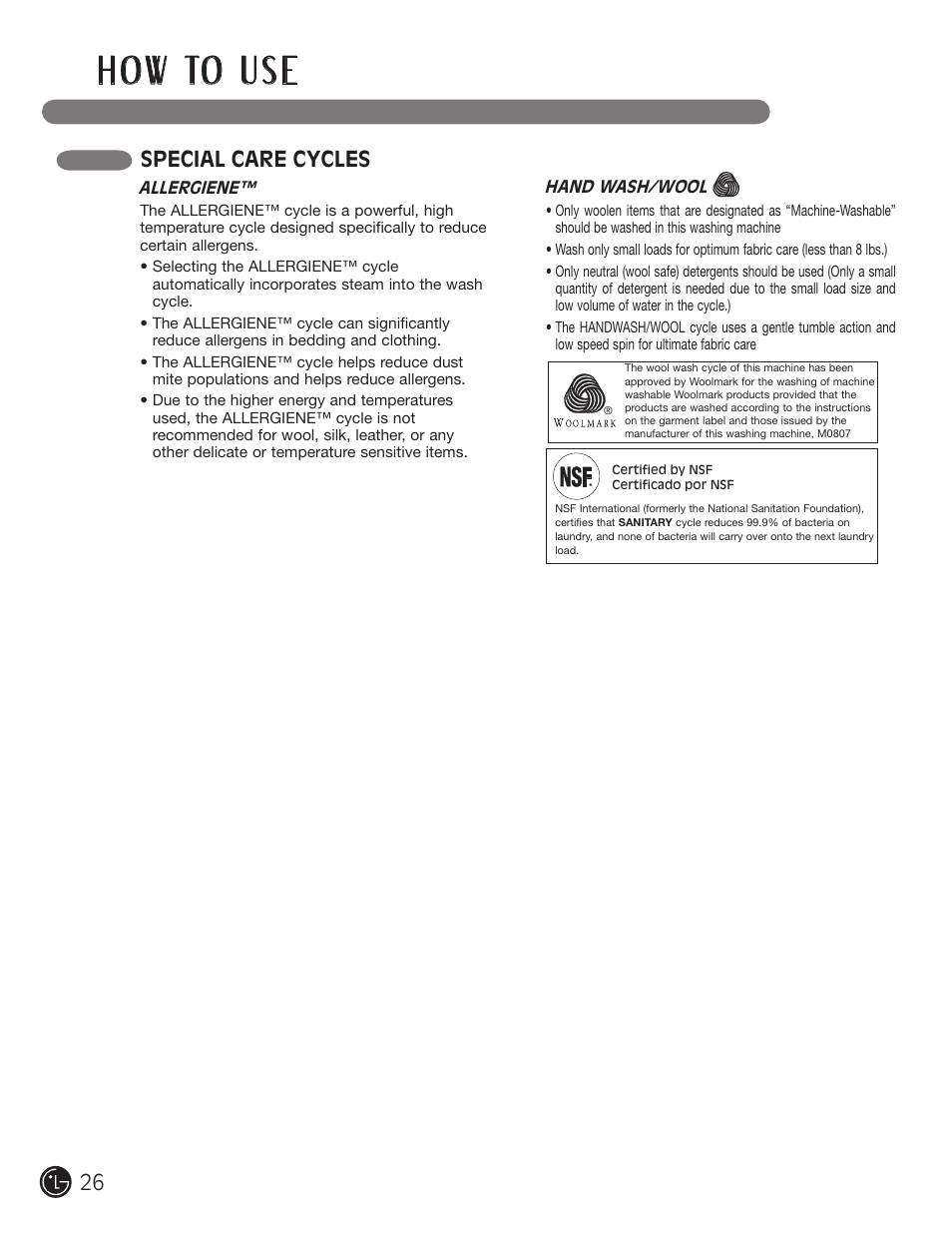H o w to u s e, Special care cycles | LG WM2801HWA User Manual | Page 26 / 116