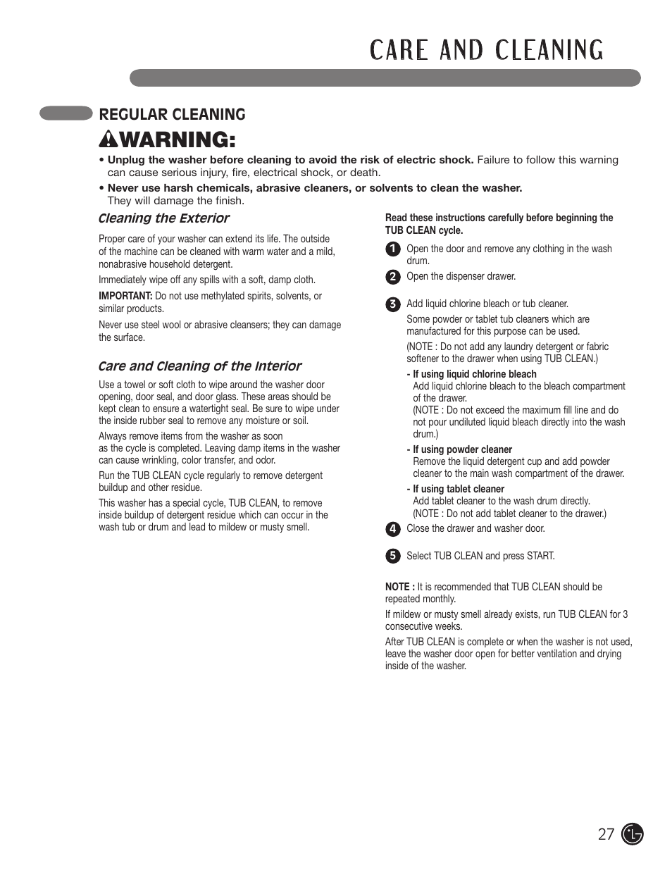 Wwarning, Regular cleaning | LG WM2801HWA User Manual | Page 27 / 116
