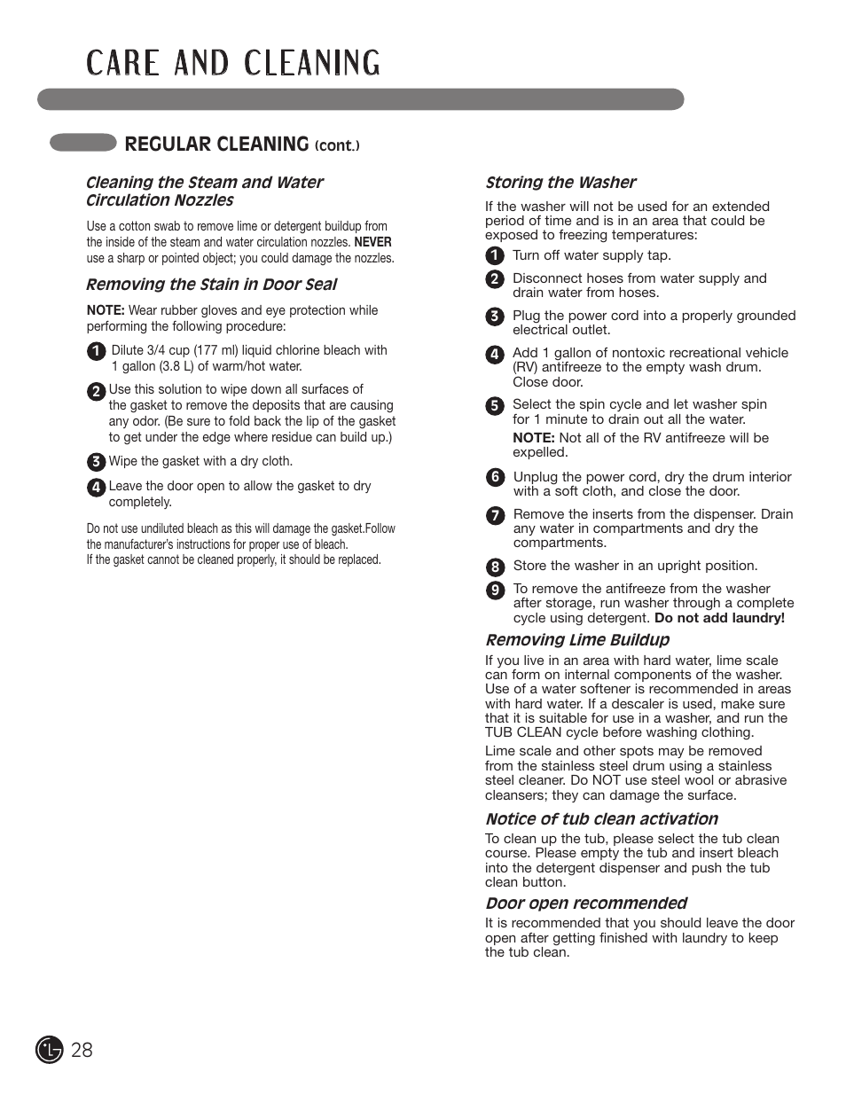Regular cleaning | LG WM2801HWA User Manual | Page 28 / 116