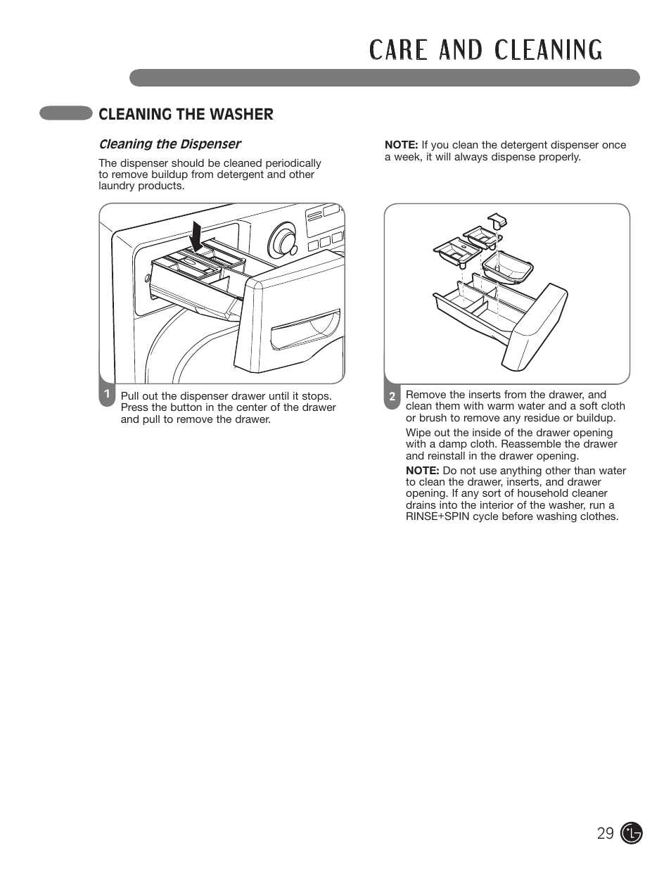 Cleaning the washer | LG WM2801HWA User Manual | Page 29 / 116