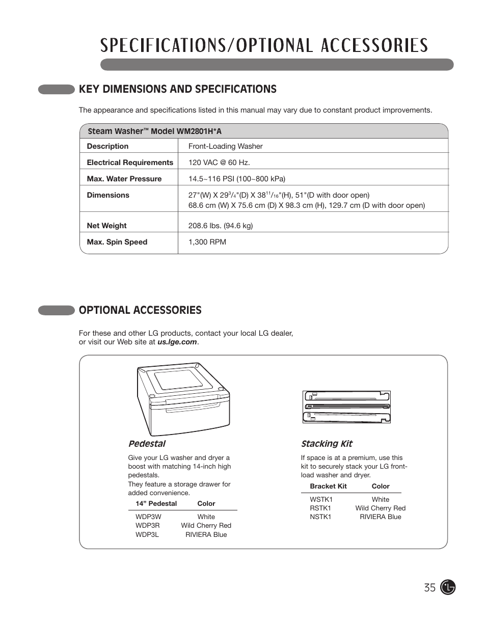 Key dimensions and specifications, Optional accessories | LG WM2801HWA User Manual | Page 35 / 116