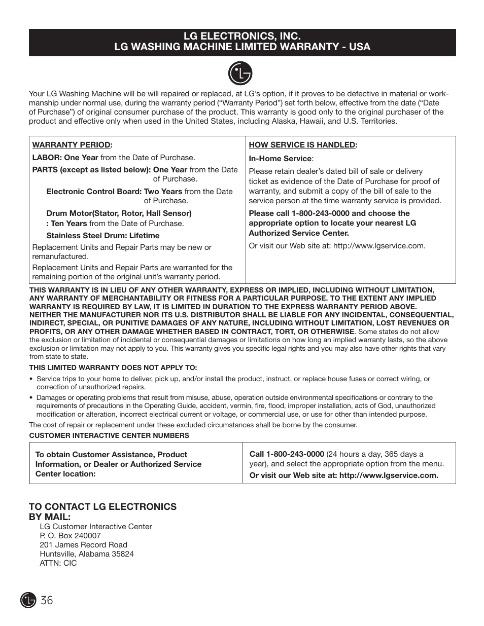 LG WM2801HWA User Manual | Page 36 / 116