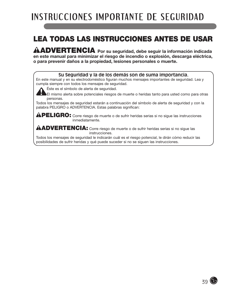 Lea todas las instrucciones antes de usar, Wpeligro, Wadvertencia | LG WM2801HWA User Manual | Page 39 / 116