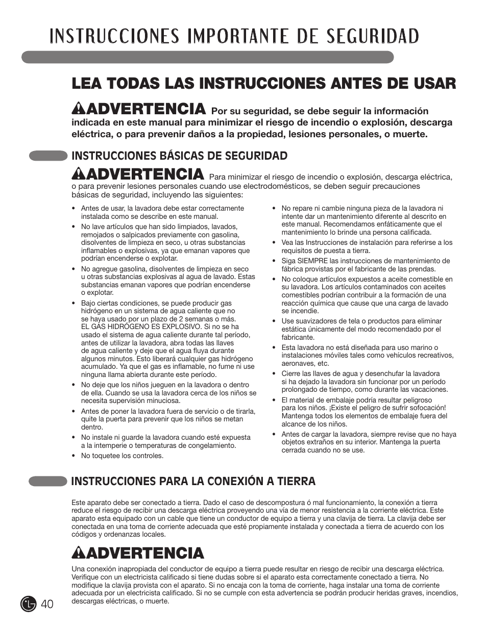 Wadvertencia, Instrucciones básicas de seguridad, Instrucciones para la conexión a tierra | LG WM2801HWA User Manual | Page 40 / 116