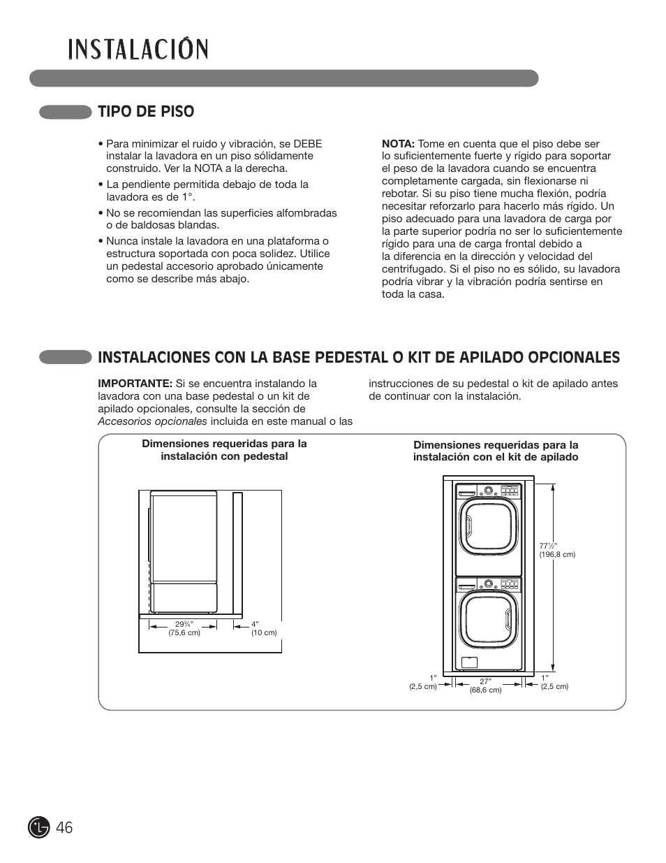 I n s ta l ac i ó n, Tipo de piso | LG WM2801HWA User Manual | Page 46 / 116