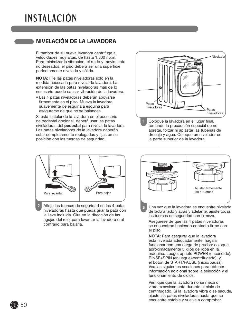 I n s ta l ac i ó n, Nivelación de la lavadora | LG WM2801HWA User Manual | Page 50 / 116