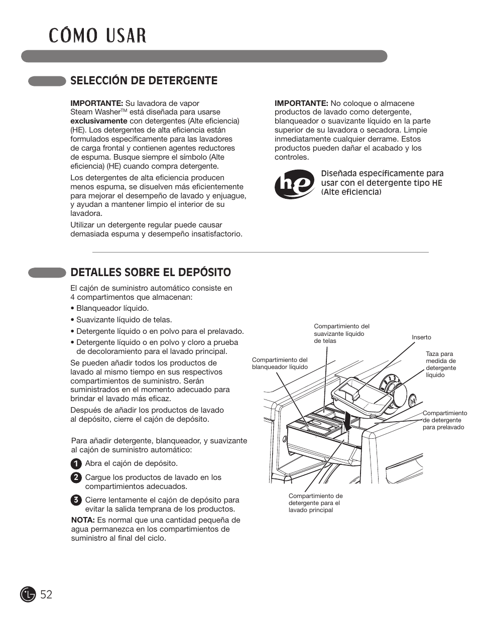 Selección de detergente detalles sobre el depósito | LG WM2801HWA User Manual | Page 52 / 116