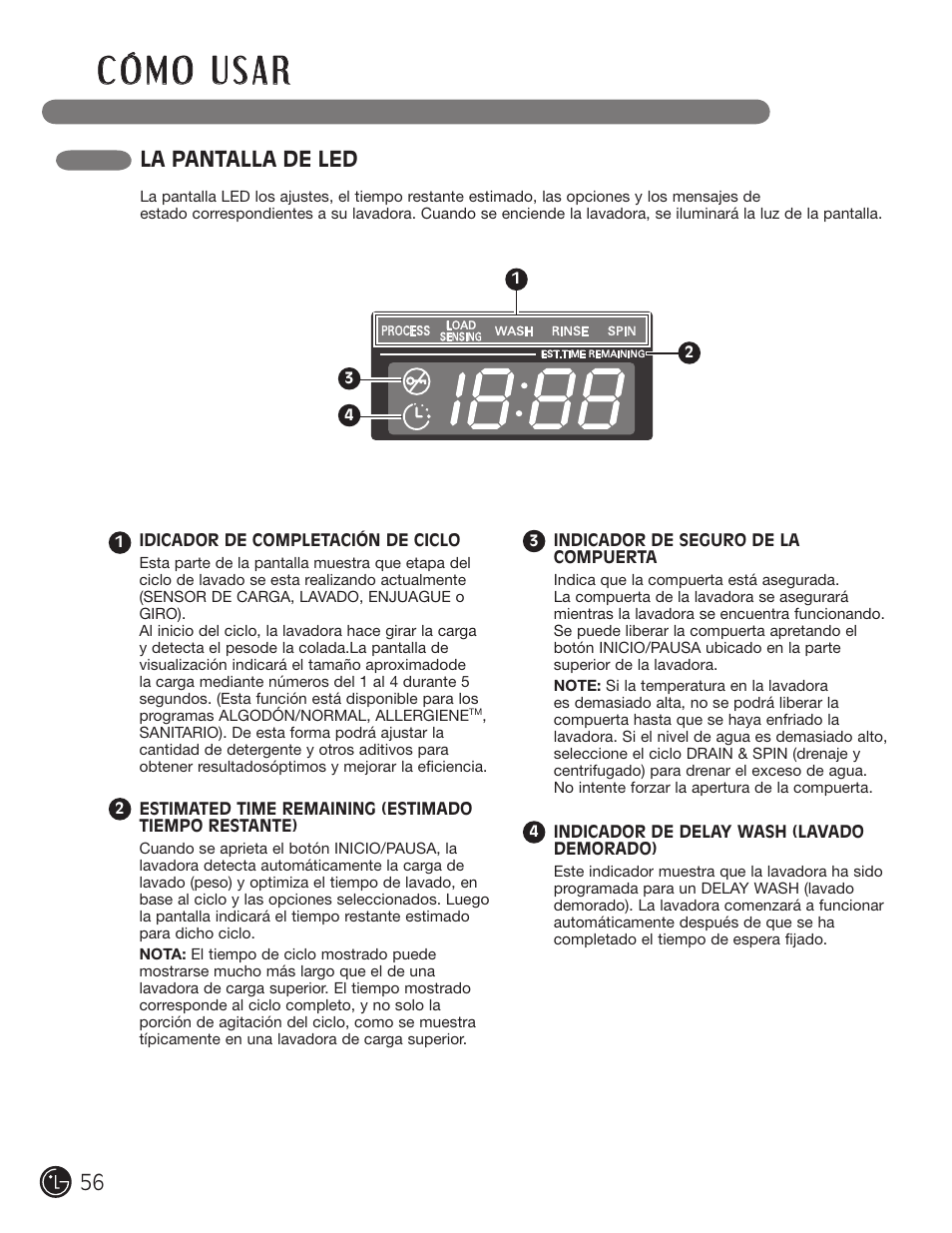La pantalla de led | LG WM2801HWA User Manual | Page 56 / 116