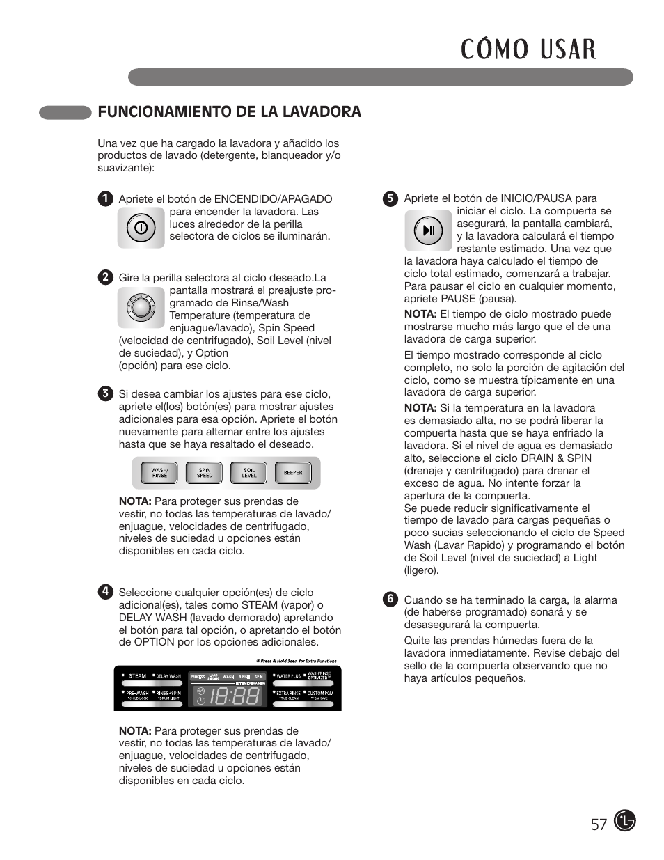 Funcionamiento de la lavadora | LG WM2801HWA User Manual | Page 57 / 116