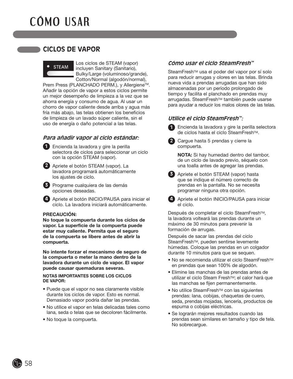 Ciclos de vapor | LG WM2801HWA User Manual | Page 58 / 116