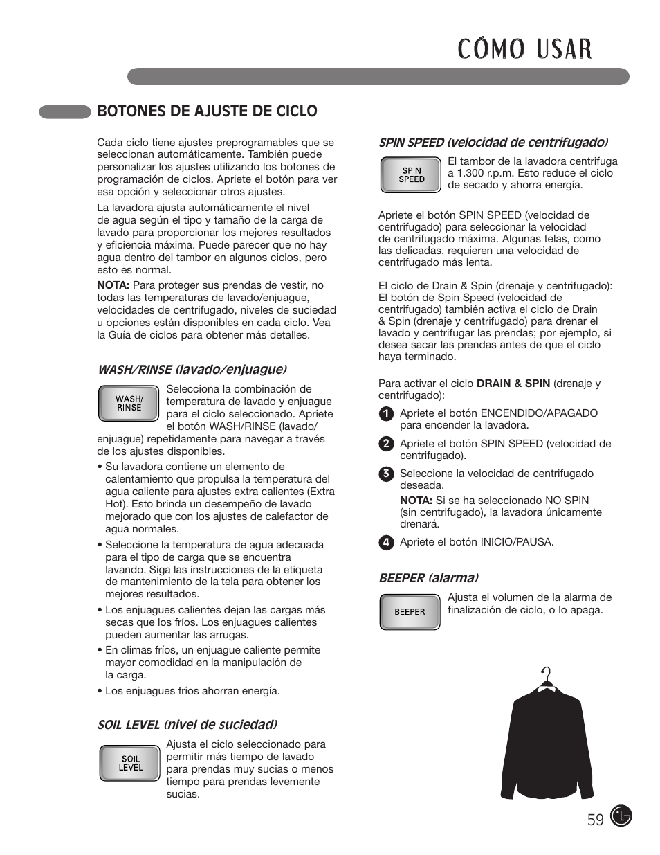 Botones de ajuste de ciclo | LG WM2801HWA User Manual | Page 59 / 116